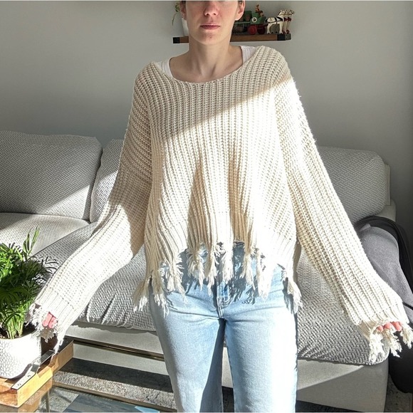Young Fabulous & Broke Sweaters - Young Fabulous and Broke Cream Fringe Sweater Size M/L